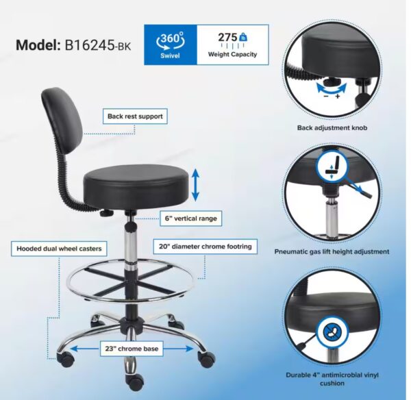 Black Vinyl Task Counter Stool with Back Rest and Seat Height Adjustment