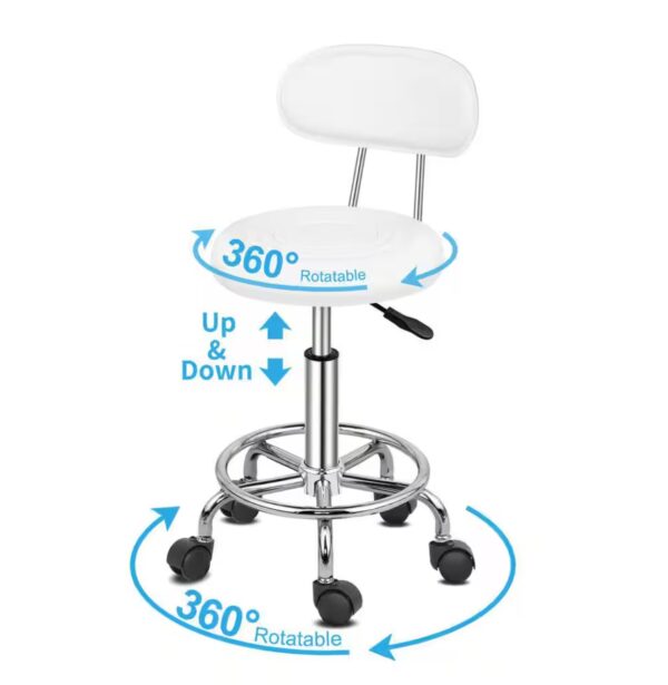 19 in. Height White PU Leather Seat Adjustable Salon Stool with Back Office Rolling Chair