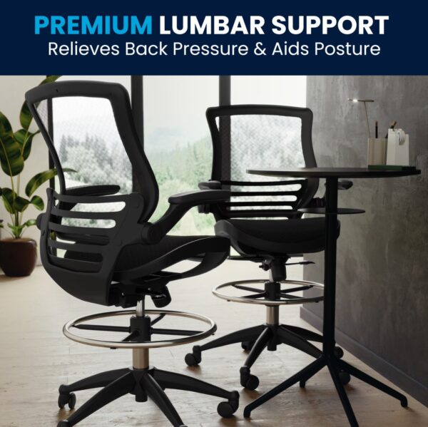 Waylon Mesh Seat Adjustable Height Mid-Back Ergonomic Drafting Chair in Black Mesh/Black Frame with Flip-up Arms